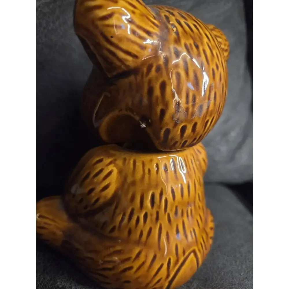 Vintage Ceramic Bear Honey Pot Jar Lid Made in Taiwan B Mark Kitsch 1980s Brown